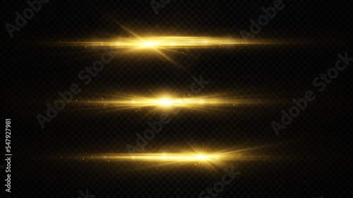 Set of golden horizontal lens flares, laser beams. Luminous abstract sparkling lines. Golden glowing star light explodes.