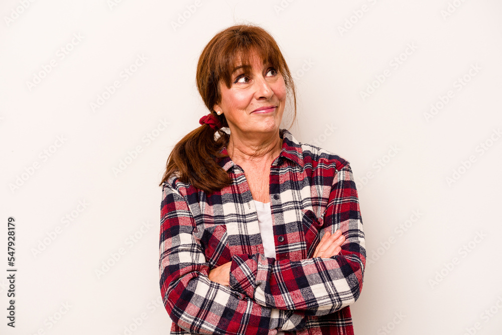 Middle age caucasian woman isolated on white background dreaming of achieving goals and purposes Middle age caucasian woman isolated on white background dreaming of achieving goals and purposes
