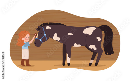 Happy little girl brushing horse, cartoon flat vector illustration isolated on white background.