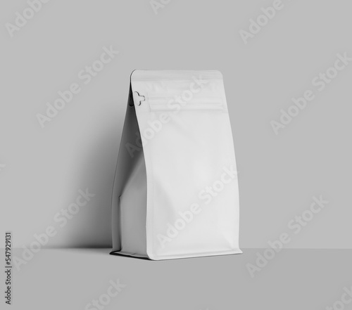 Mockup of a white doy pack for coffee beans, zip packaging near the wall, for design, pattern, branding.