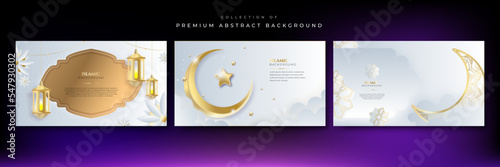 Ramadan Kareem vector card with 3d golden metal crescent and stars. Arabic style arch in beige color with traditional pattern. Copy space.