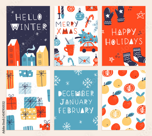 Vector collection of Christmas poster templates. New year 2023 set of christmas greeting cards. Bright colors. presents and hand written lettering for your invitation and design.