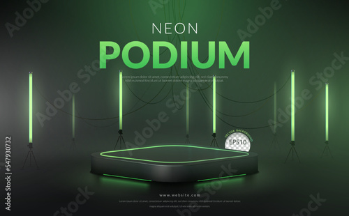 Green neon podium with green fluorescent tube background, Vector illustration