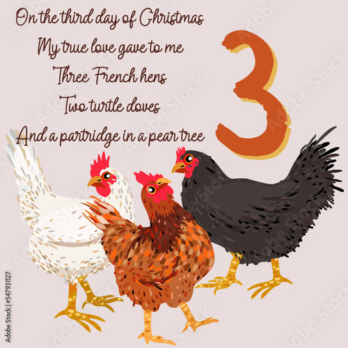 The twelve days of Christmas. Third day. Three french hens. Christmas concept.
