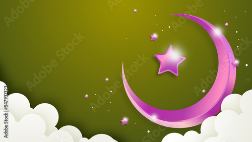 Ramadan Kareem vector card with 3d golden metal crescent and stars. Arabic style arch in beige color with traditional pattern. Copy space.