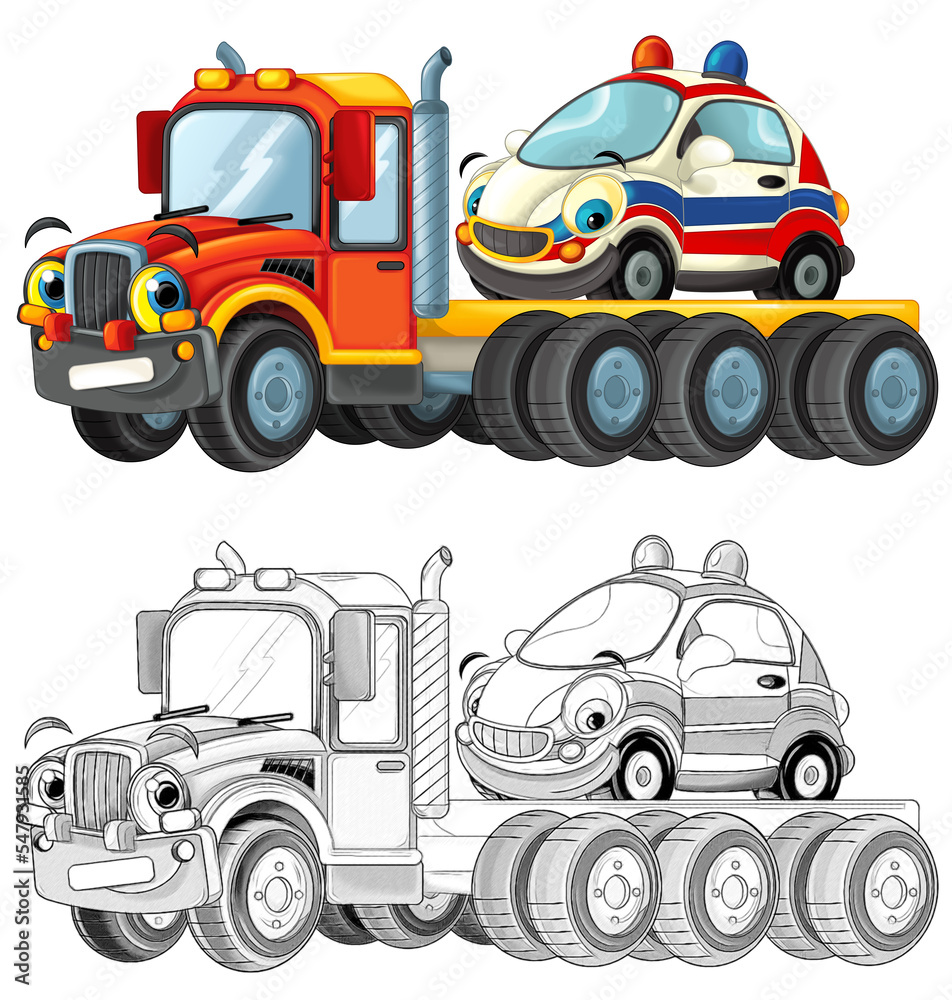 cartoon tow truck driving with load other car isolated cartoon tow truck driving with load other car isolated