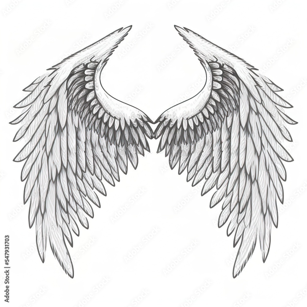 hand drawn white angel wing illustration isolated in white background ...