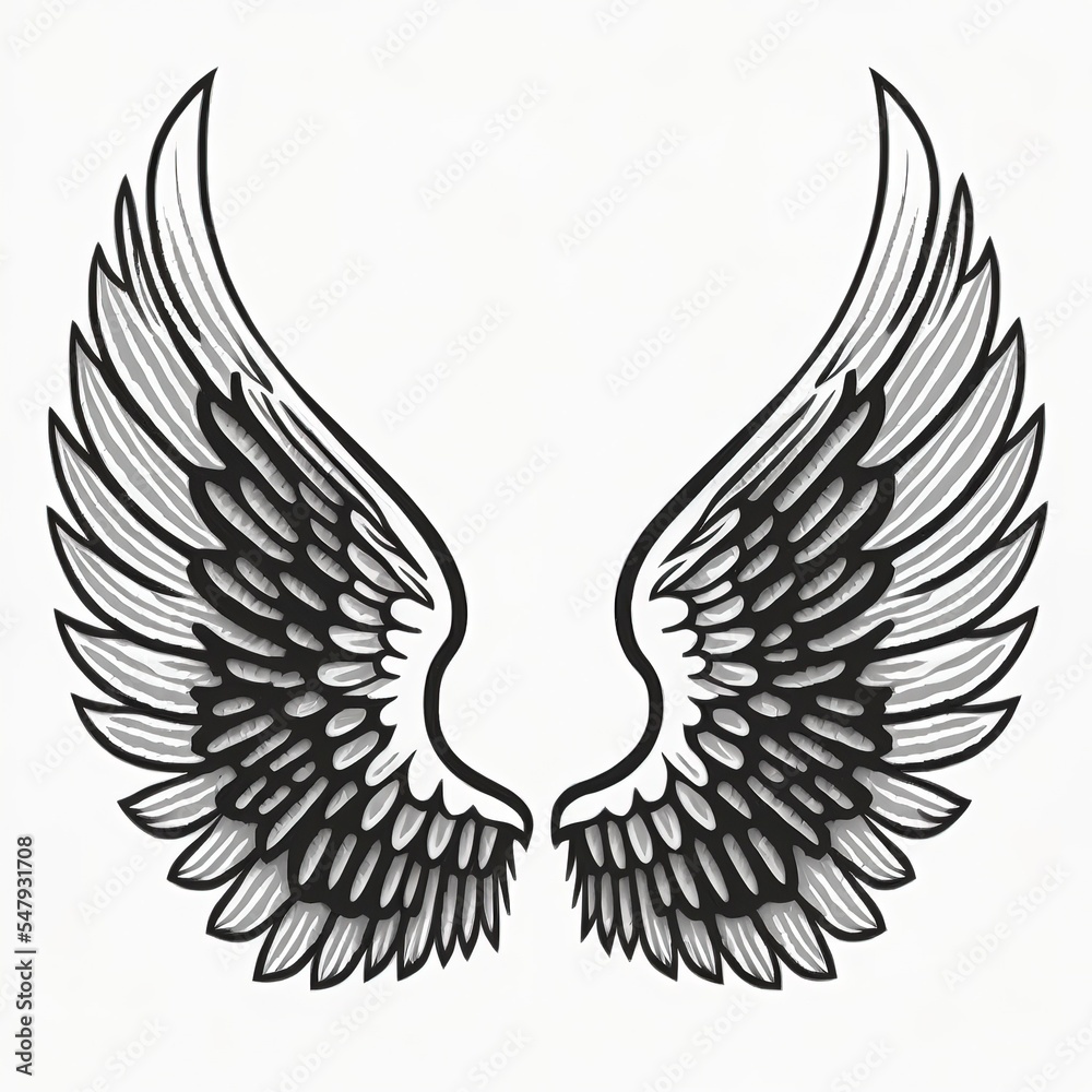 Fototapeta premium hand drawn white angel wing illustration isolated in white background, sketch or outline style