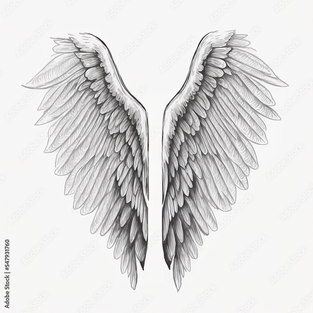 hand drawn white angel wing illustration isolated in white background,  sketch or outline style