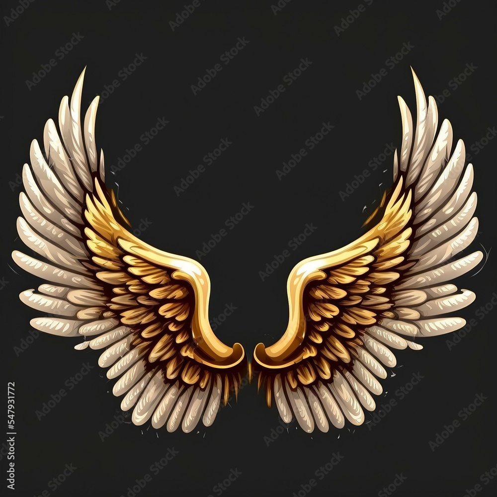 Sharp Golden Wing realistic golden white angel wing illustration isolated in black ...