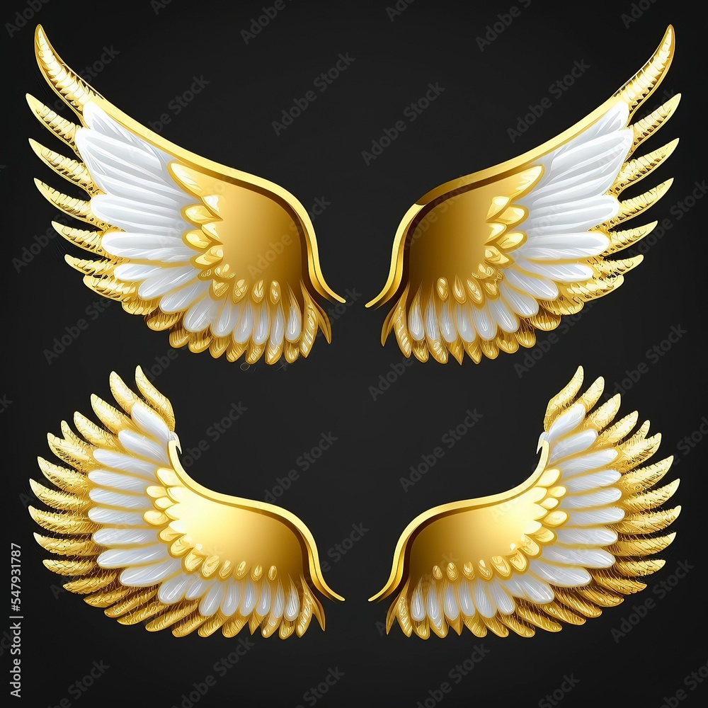 Obraz premium realistic golden white angel wing illustration isolated in black background