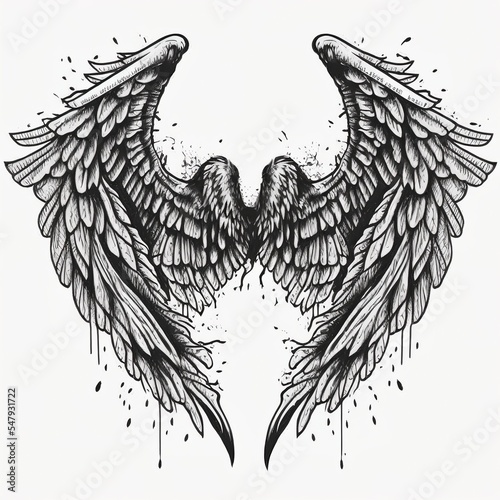 hand drawn white angel wing illustration isolated in white background,  sketch or outline style