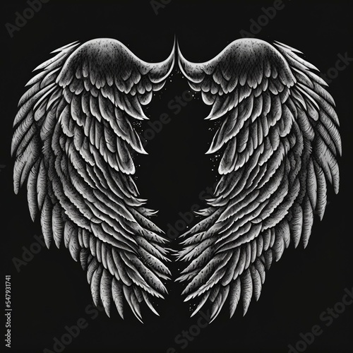 hand drawn white angel wing illustration isolated in white background,  sketch or outline style