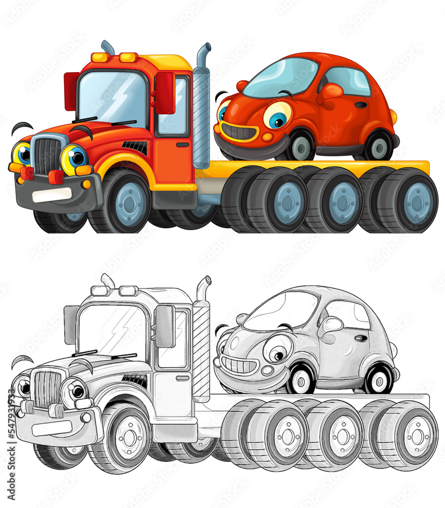 cartoon tow truck driving with load other car isolated