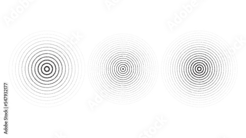 Texture concentric ripple circles set. Sonar or sound wave rings collection. Epicentre, target, radar icon concept. Radial signal or vibration elements. Dotted illustration 