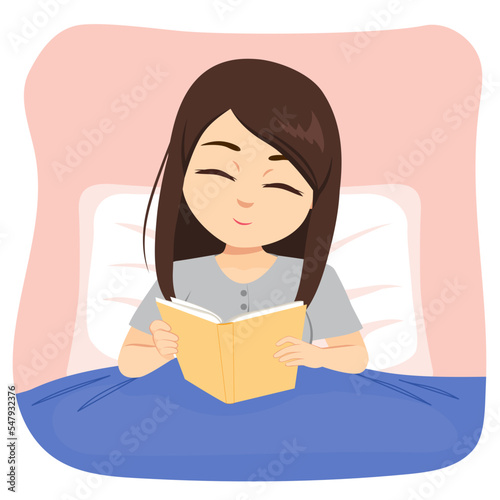 Vector illustration of young cozy woman reading in bed. Lazy home rest, reading literature before sleeping