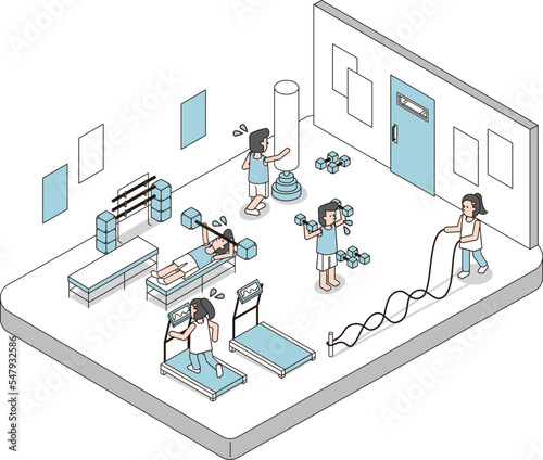 ジムでトレーニングをする男性と女性のアイソメイラスト