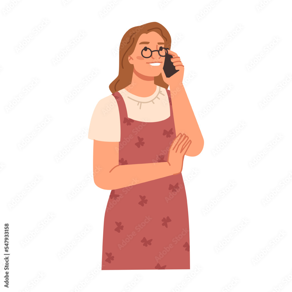 Female personage talking on phone with friend or colleague. Isolated woman with gadget in hand listening. Flat cartoon character lady talk on smartphone, vector in flat style Female personage talking on phone with friend or colleague. Isolated woman with gadget in hand listening. Flat cartoon character lady talk on smartphone, vector in flat style