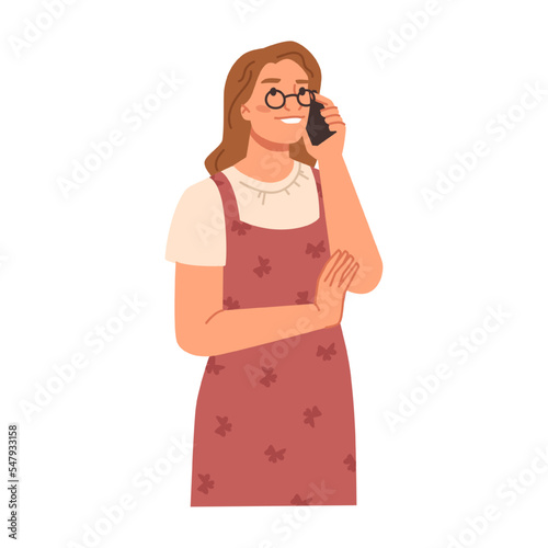 Female personage talking on phone with friend or colleague. Isolated woman with gadget in hand listening. Flat cartoon character lady talk on smartphone, vector in flat style
