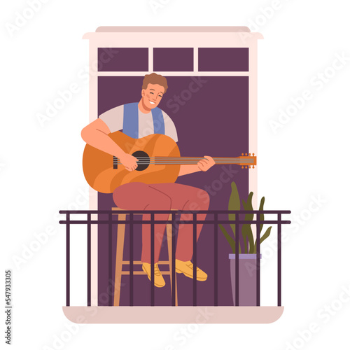 Musician playing guitar sitting on balcony at home. Man with musical instrument giving performance for neighbors. Cartoon character, vector in flat style