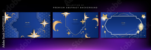 Ramadan Kareem vector card with 3d golden metal crescent and stars. Arabic style arch in beige color with traditional pattern. Copy space.