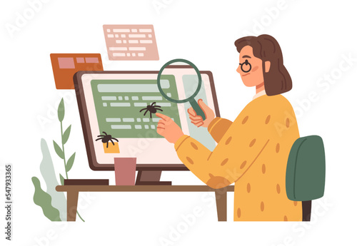 Female quality assurance assistant working on software, testing and fixing bugs. Woman with magnifying glass looking for problems. Vector in flat cartoon style photo