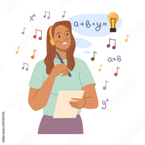 Involuntary type thinking or mindset, isolated woman with creative and analytical skills. Composing songs and creating music. Cartoon character, vector in flat style