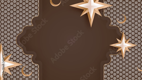 Ramadan Kareem vector card with 3d golden metal crescent and stars. Arabic style arch in beige color with traditional pattern. Copy space.