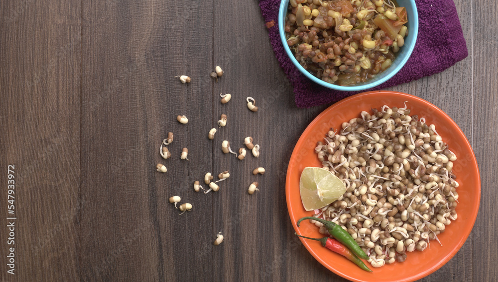 Close up of pile of sprouted seeds of green gram or moong. Close up of pile of sprouted seeds of green gram or moong.