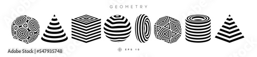 Optical illusion shapes vector set. Pyramid striped. Cylinder and Cube optical abstract black and white lines design. Circle geometric round shapes. Cone vector symbol op art. Stripe modern 3d geometr