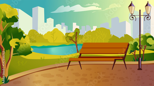 Bench in city park concept. Public garden place with green trees, lanterns, path for walking, wooden bench, lake, cityscape with skyscrapers view. Illustration background in flat cartoon design