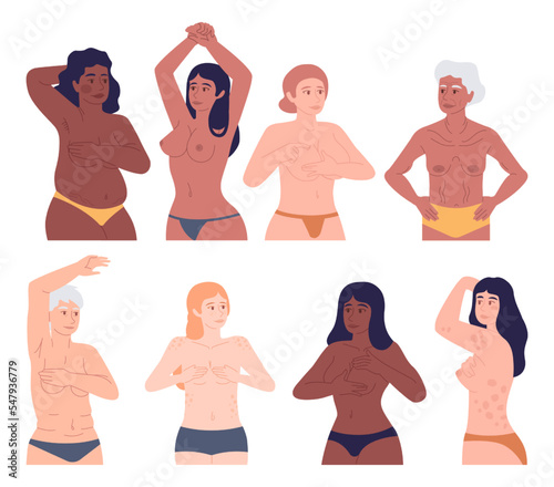 Set of diverse woman touching their breasts doing self-examination