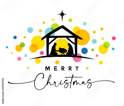 Merry Christmas greetings card with elegant lettering and colored stars. Nativity scene of baby Jesus in the manger with Mary, Joseph in silhouette and Bethlehem star. Vector illustration