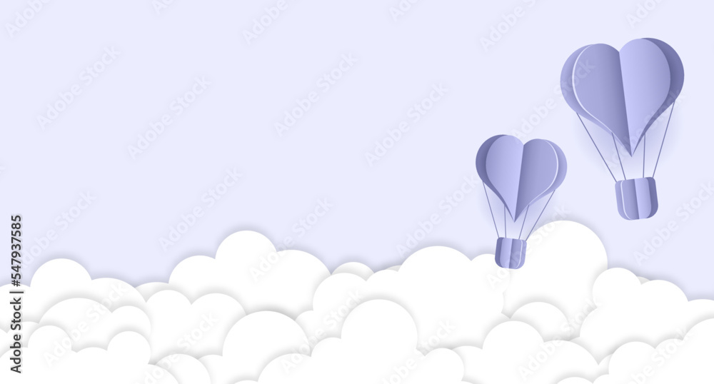 Paper cut heart hot air balloon and white clouds. Origami made hot air balloon and clouds. Paper art style. Greeting or Sale banner. Vector illustration Paper cut heart hot air balloon and white clouds. Origami made hot air balloon and clouds. Paper art style. Greeting or Sale banner. Vector illustration