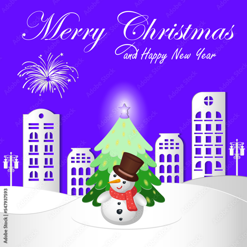 Winter landscape with paper art, digital craft style. Snowman standing near New year tree, pines in winter. Merry Christmas and Happy New Year concept. Сity with firework in sky. Vector illustration 