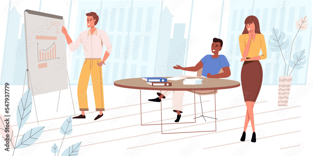Leadership people concept in modern flat design. Employees at business meeting, making presentation, brainstorming. Business coach and team training, person scene. Illustration for web banner Leadership people concept in modern flat design. Employees at business meeting, making presentation, brainstorming. Business coach and team training, person scene. Illustration for web banner