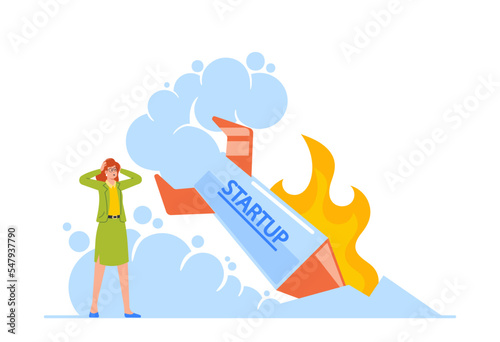 Startup Crash, Business Failure, Management Failed to Achieve Profit Concept. Businesswoman Stand at Fallen Rocket