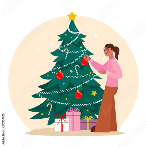 A woman decorates a Christmas tree. New Year or Christmas vector illustration. 