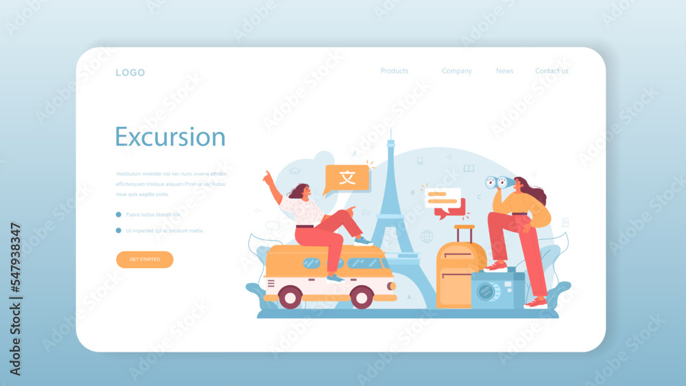 Tour vacation guide web banner or landing page. Tourists listening Tour vacation guide web banner or landing page. Tourists listening