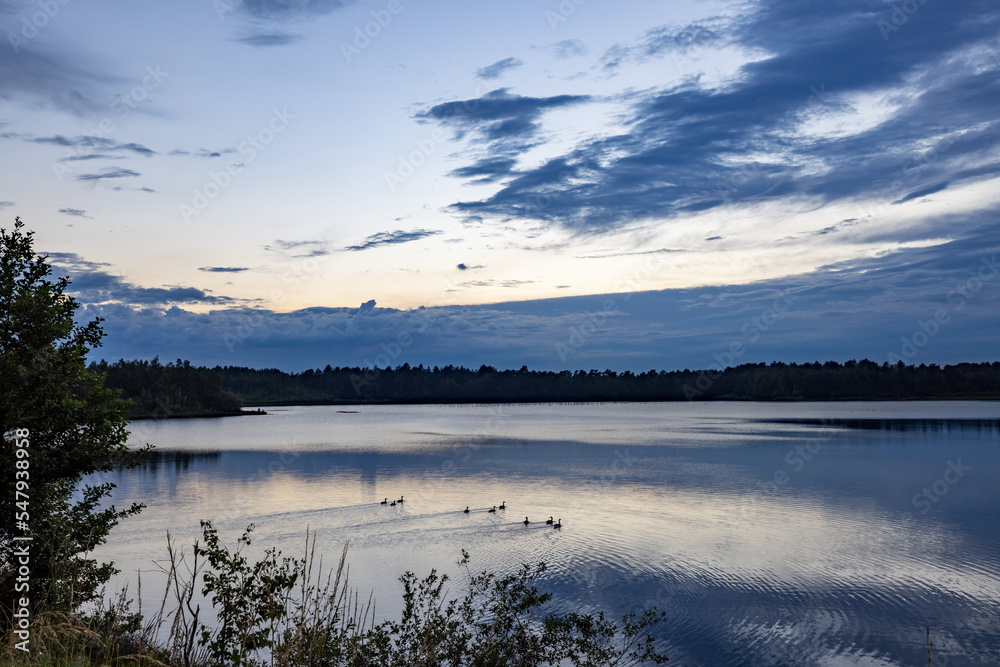 Obraz premium a beautiful blue lake with green tree in the foreground under a dramatic blue dusk sky. High quality photo