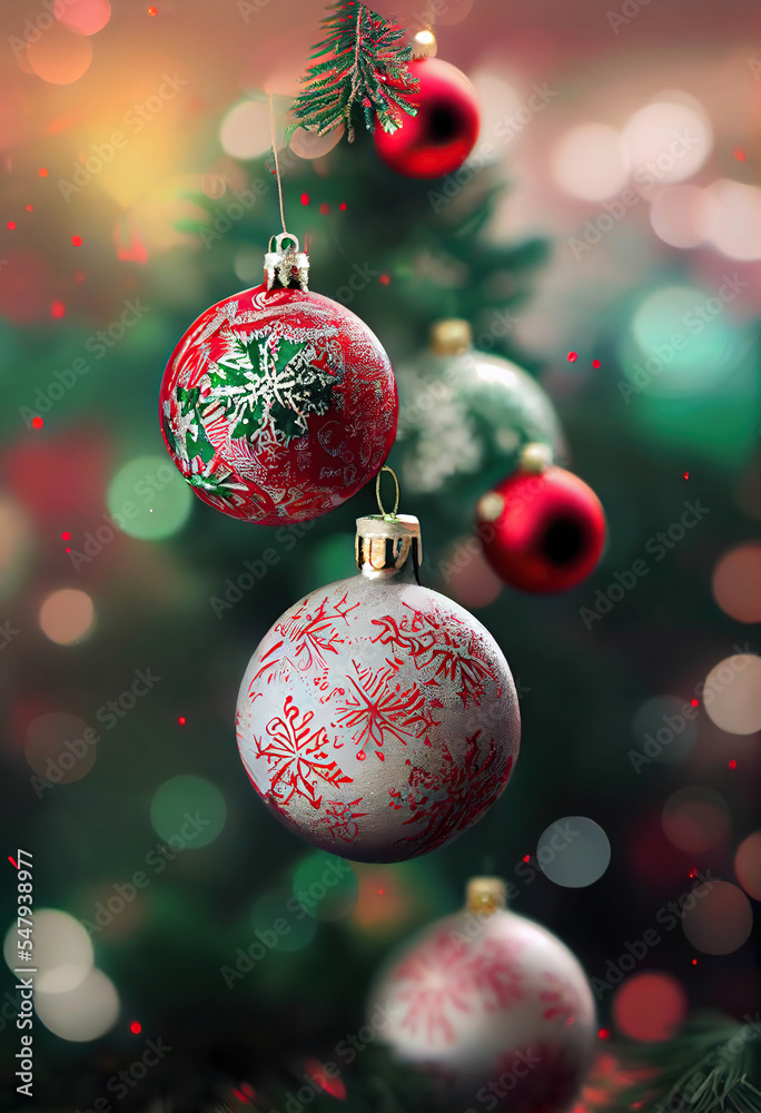 Fototapeta premium Red and white Christmas ornaments with winter patterns in the Christmas lights and bokeh background, AI generated image