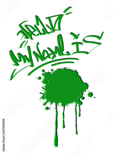 Lettering iscription Hello my name is with text blob grunge graffiti style. Modern vector illustration. All elements are isolated.