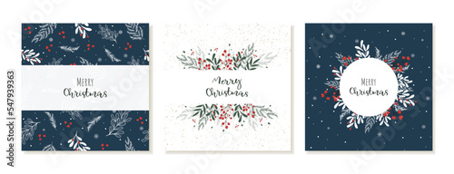 Christmas square post templates for social media. Templates with winter plants, berries and branches on blue background. Vector