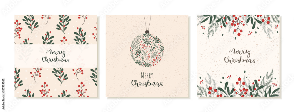 Templates of Christmas square posts for social networks. Christmas theme. Templates with winter plants, berries and branches on beige background. Vector