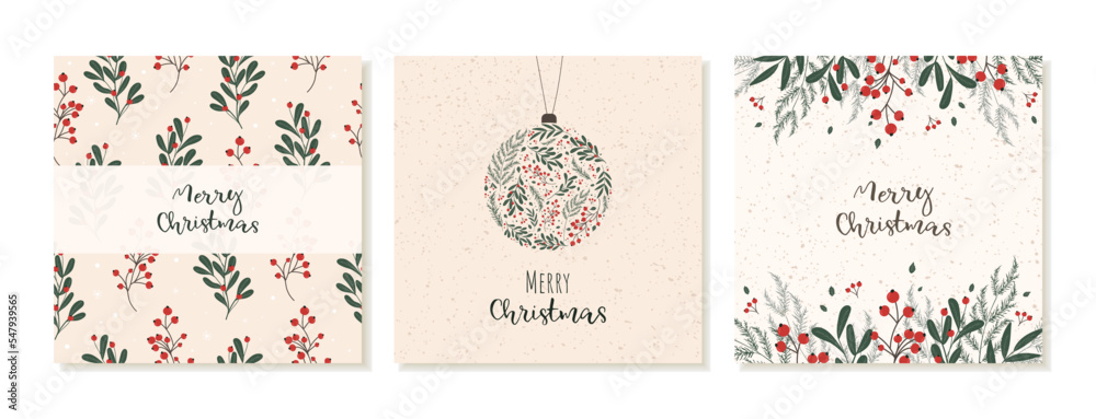 Templates of Christmas square posts for social networks. Christmas theme. Templates with winter plants, berries and branches on beige background. Vector Templates of Christmas square posts for social networks. Christmas theme. Templates with winter plants, berries and branches on beige background. Vector