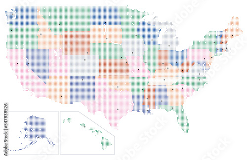 Colored united states geographic regions dot map with capitals