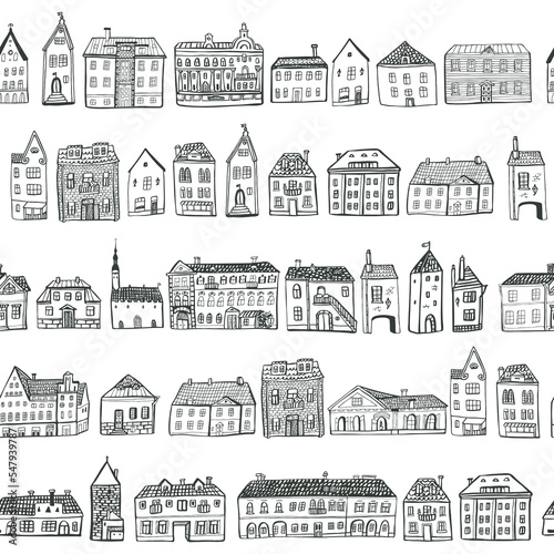 European houses architecture vector seamless pattern.