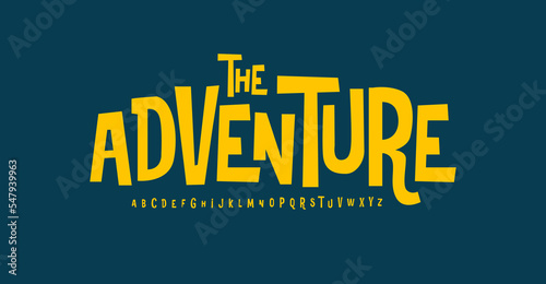 Adventure font modern bouncy typeset, lively friendly alphabet. Playful cheerful letters in Los Muertos Mexican style for menus, labels, signage, ads, crafts and comic book. Vector typographic design