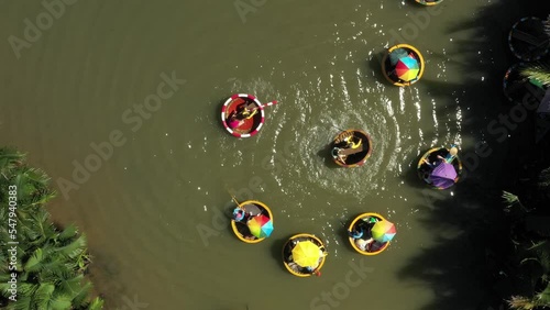 COCONUT VILLAGE ECO TOUR IN HOI AN VIETNAM WITH BAMBOO BASKET BOATS ON THU BON RIVER, AERIAL VIEW OF CAM THANH VILLAGE
