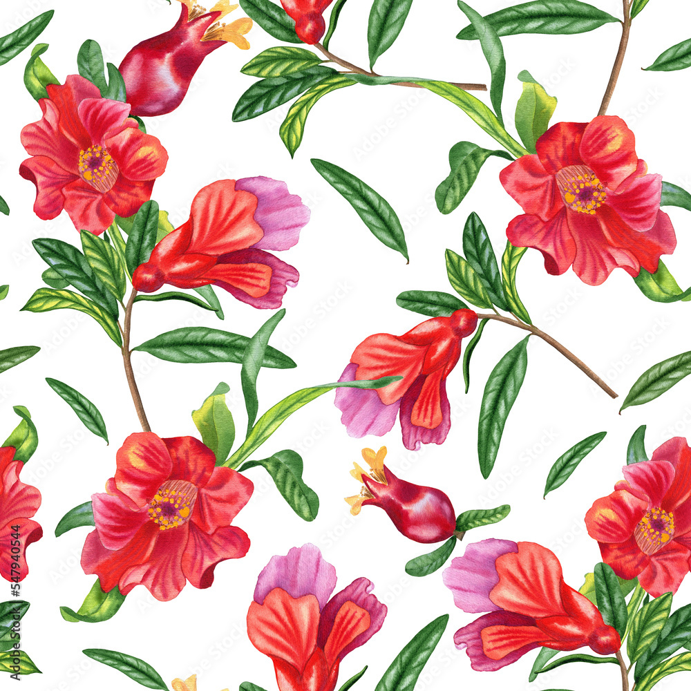 Red pomegranate flowers seamless watercolor pattern. Hand drawn botanical branches of a flowering tree. Endless background for fabric and wallpaper. Red pomegranate flowers seamless watercolor pattern. Hand drawn botanical branches of a flowering tree. Endless background for fabric and wallpaper.